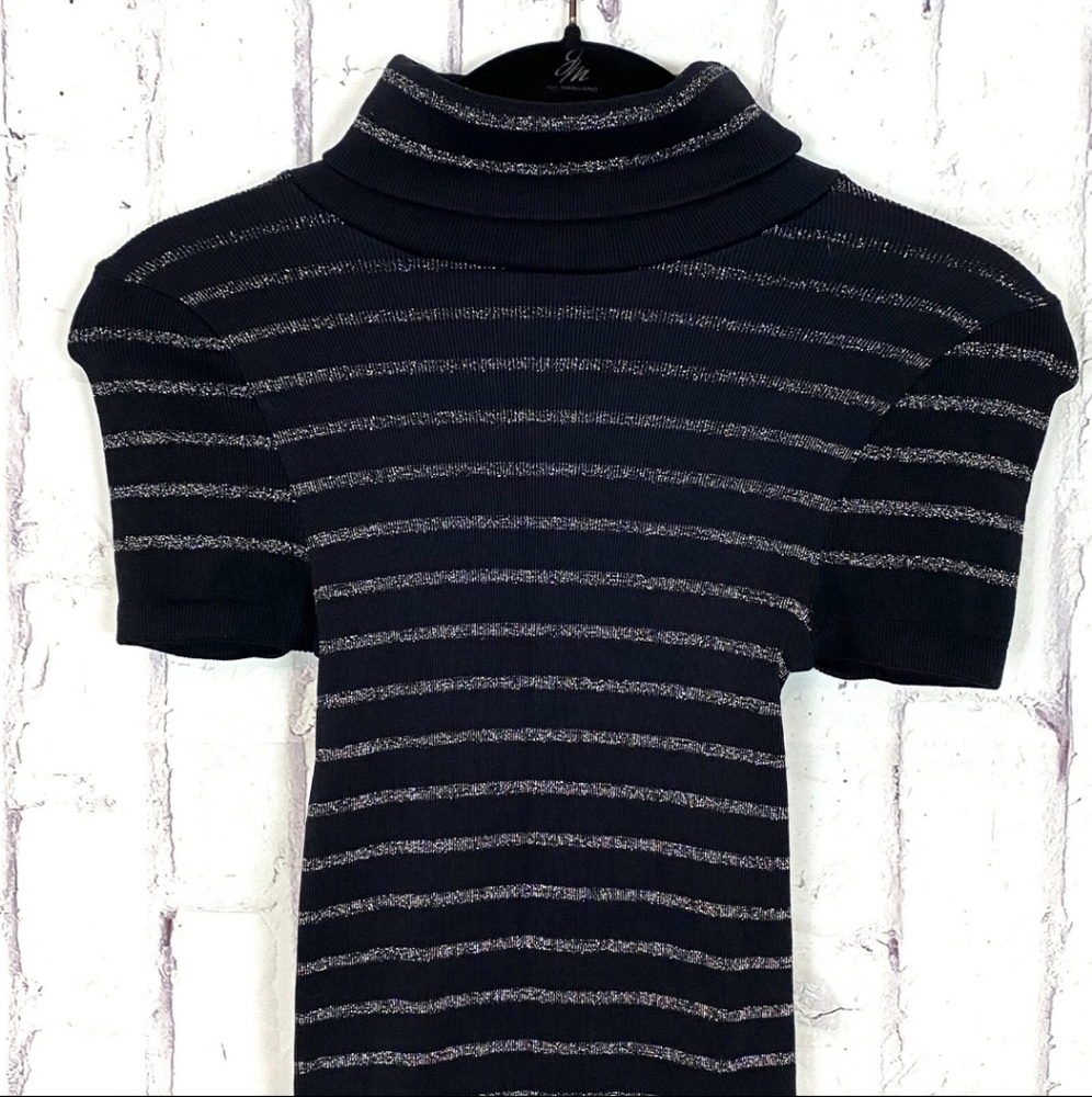 BEBE Black Bodycon Stretchy Turtleneck Gold Striped Dress Sz M/L